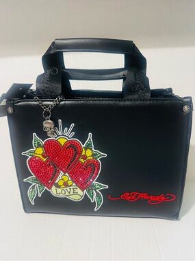 Ed Hardy Nova black tote with Red Hearts Design and embellishments BNW